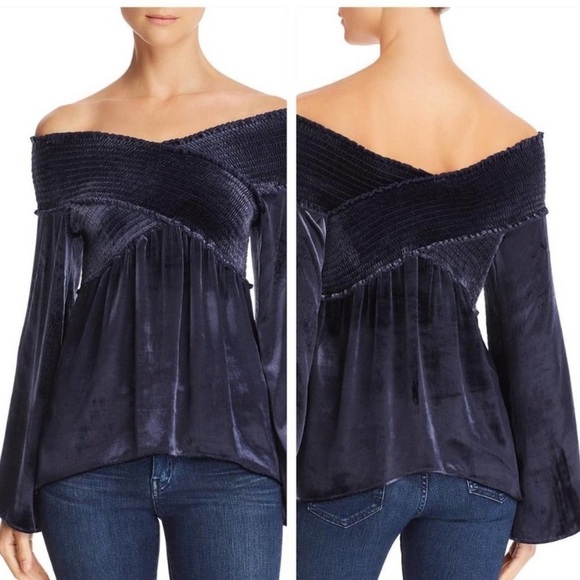 Ramy Brook off the shoulder Velvet Liza smocked navy blue Top - Picture 2 of 10